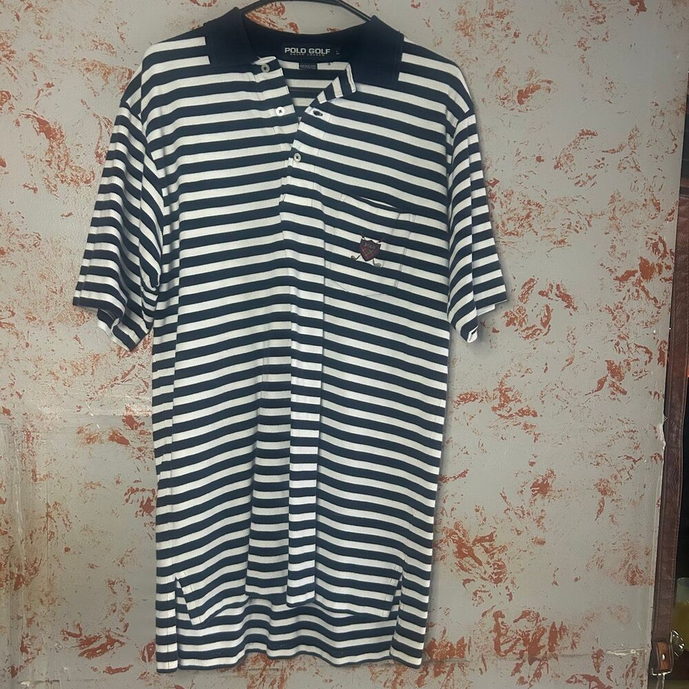 Polo Golf Ralph Lauren Striped Polo Shirt Men’s Large Navy White Cotton Crest